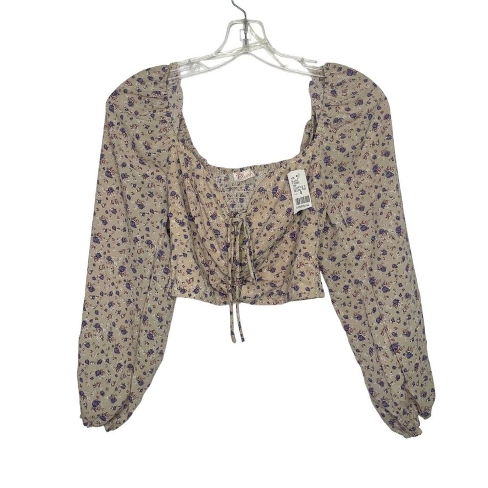 Blush Floral Crop Top Purple Tan Long Puff Sleeve Smocked Back T3728S Small NEW